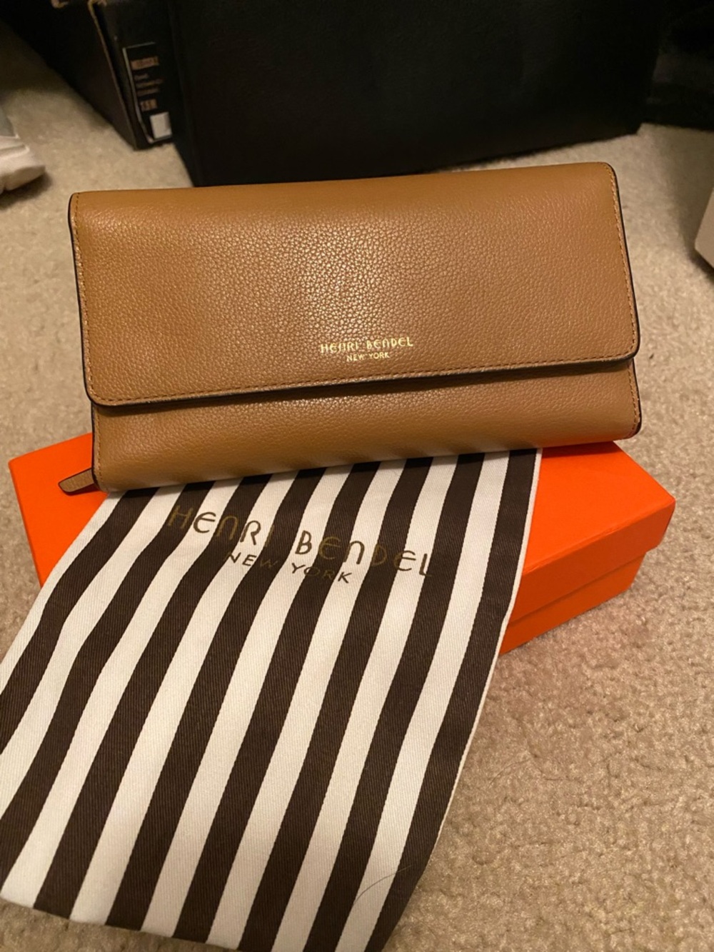 Henri Bendel Cognac Brown Leather Continental Wallet/ Wrstlet with Gold Logo